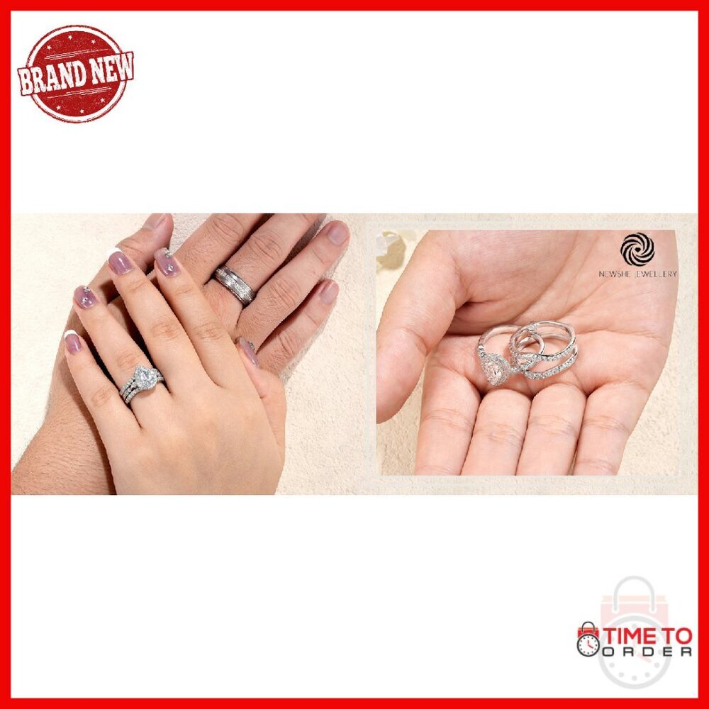 Pear Shape Cubic Zirconia Wedding Ring Set Sterling Silver Tungsten - Picture 8 of 8